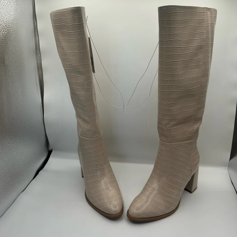 a new day Croc-Embossed Beige Over the Knee Boots